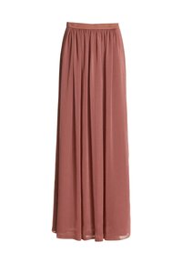Jupe longue plissée maxi couleur rose poudré avec ceinture froncée, tissu léger et fluide, ourlet au niveau de la cheville.