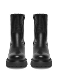 Czarne skórzane botki za kostkę o gładkim wykończeniu, z bocznym zamkiem błyskawicznym, okrągłym noskiem i masywną gumową podeszwą. Prosty design, bez wzorów.