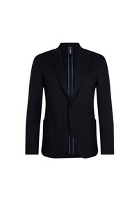 Marineblauer Blazer aus Baumwollmix, einreihig mit zwei Knöpfen, strukturierte Schultern, Reverskragen und zwei vordere Taschen. Gestreifte Fütterung.