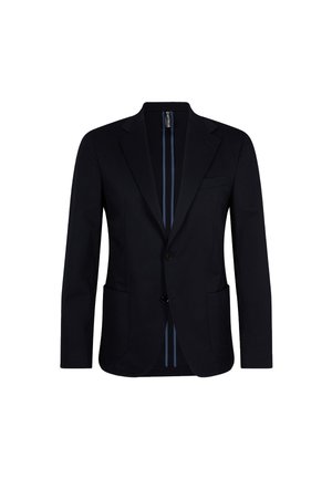 Marineblauwe blazer van katoenmix, enkelvoudig dicht met twee knopen, gestructureerde schouders, met notch revers en twee voorzakken. Gestreepte voering.