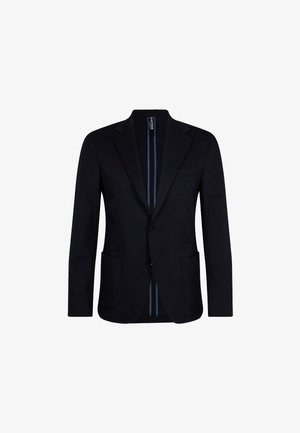Marineblauer Blazer aus Baumwollmix, einreihig mit zwei Knöpfen, strukturierte Schultern, Reverskragen und zwei vordere Taschen. Gestreifte Fütterung.