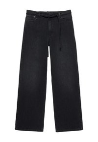 Jean denim noir à jambes larges avec une ceinture élastique et un cordon, doté de poches avant et arrière.