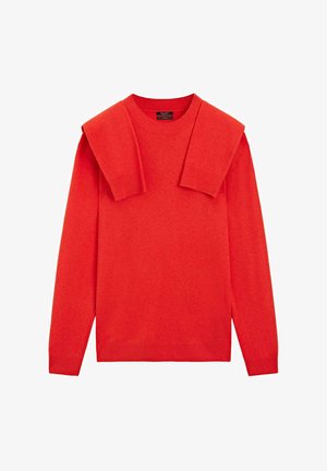 Pull rouge en maille avec un col rond, des poignets côtelés et deux pattes d'épaules. Le tissu semble doux avec une texture lisse.