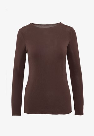 Maglietta a maniche lunghe marrone realizzata in un tessuto morbido e leggero, con scollatura rotonda e silhouette aderente. Texture liscia senza motivi.