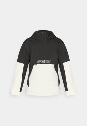 Black and white jacket with a hood, featuring a half-zip front, zippered pockets, and an "OAKLEY" logo on the chest. Smooth texture.
