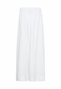Witte linnen maxi rok met een elastische tailleband, met een losse pasvorm en rechte snit. Minimalistisch ontwerp zonder zichtbare patronen of accenten.