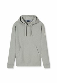 Gray cotton hoodie with a kangaroo pocket, drawstrings at the hood, and ribbed cuffs. Features a small logo patch on the sleeve.