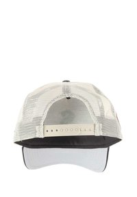 Baseballmütze mit schwarzem Schirm, cremefarbener Mesh-Rückseite, verstellbarem Snap-Verschluss und strukturiertem Vorderteil. Betont atmungsaktiven Stoff.