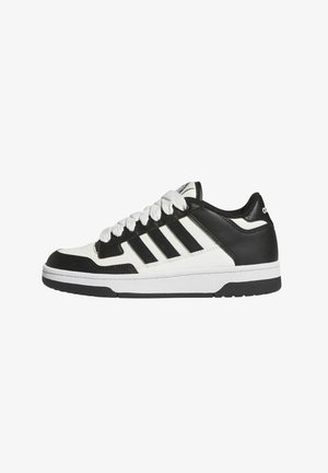 Black and white sneaker with leather and synthetic materials, featuring three black stripes, lace-up design, and rubber sole.