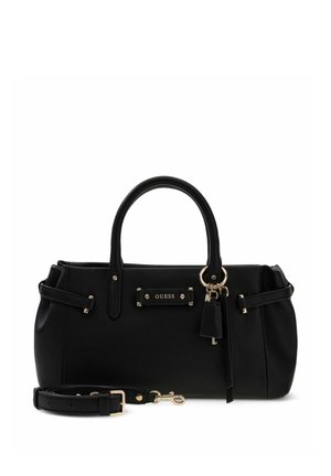 Sac à main noir Guess avec doubles poignées, bandoulière amovible et garniture dorée incluant un porte-clés suspendu.