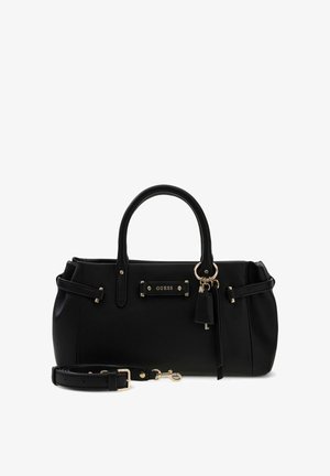Sac à main noir Guess avec doubles poignées, bandoulière amovible et garniture dorée incluant un porte-clés suspendu.