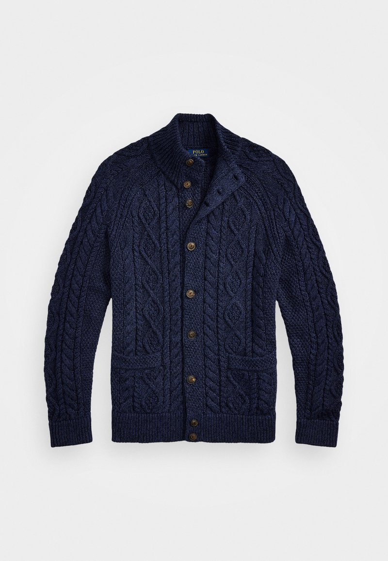 Cardigan tricoté bleu marine avec un col châle, un motif en cable, une fermeture à boutons à l'avant et deux poches avant en tissu texturé.
