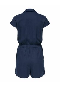 Tengerészkék rövid ujjú rugdalózó rugalmas derékpánttal és gallérral, hátulról fehér háttéren bemutatva.