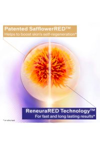Neitsytkukan kukka läpinäkyvän pyöreän muotoilun sisällä liukuväriefektitaustalla. Tekstikuvaukset korostavat SafflowerRED™ ja ReneuraRED Technology™ -tekniikoita.