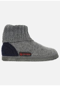 Gray felt slipper with ribbed knit cuff, contrasting dark blue heel accent, and textured rubber sole. Logo tag displayed on side.