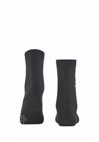 Calzini grigi con un bordo a costine, caratterizzati da un piccolo design ricamato. Realizzati in tessuto morbido con una texture liscia e una vestibilità elastica.