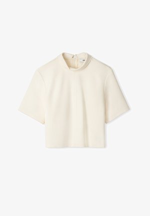 Korte mouw, cropped top van crème stof met een hoge kraag en een ritssluiting aan de achterkant. Bevat strakke lijnen en een minimalistisch ontwerp.