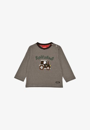 Langärmeliges gestreiftes Hemd in Schwarz und Weiß mit einer Traktor-Grafik in Braun und Grün. Details umfassen einen Druckverschluss an den Schultern.