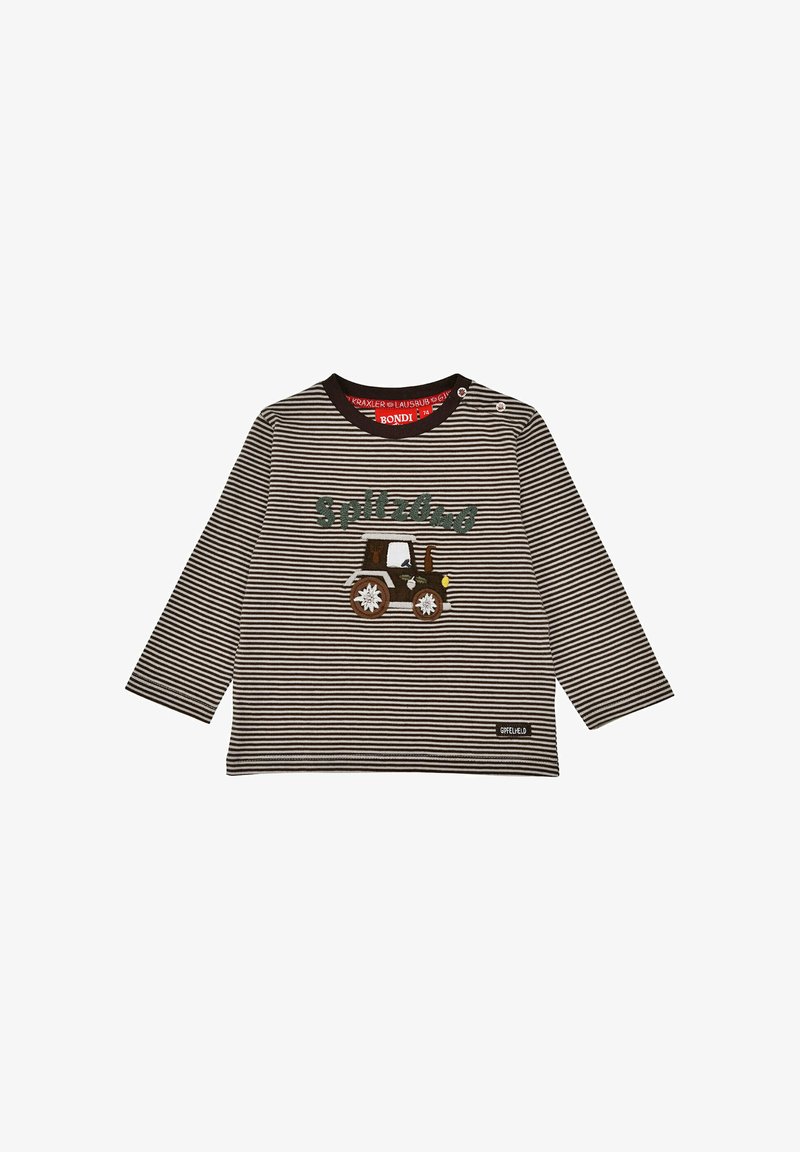 Langärmeliges gestreiftes Hemd in Schwarz und Weiß mit einer Traktor-Grafik in Braun und Grün. Details umfassen einen Druckverschluss an den Schultern.