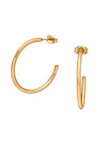 Gouden oorbellen in de vorm van een ring met een gladde, gepolijste afwerking. Gebogen ontwerp en een veilige sluiting met een steker. Lichtgewicht en minimalistisch van uitstraling.