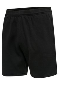 Schwarze Baumwollshorts mit elastischem Bund, seitlichem Eingriffstasche und lockerer Passform. Der Stoff wirkt weich und hat eine glatte Textur.
