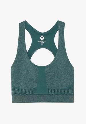 Grüner Sport-BH aus strukturiertem Stoff. Mit Racerback-Design und Mesh-Details für Atmungsaktivität. Logo auf dem oberen Rücken platziert.