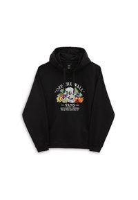 Sweat à capuche noir en tissu avec une poche frontale. Présente un motif graphique d'un crâne entouré de fruits et le texte « OFF THE WALL ».