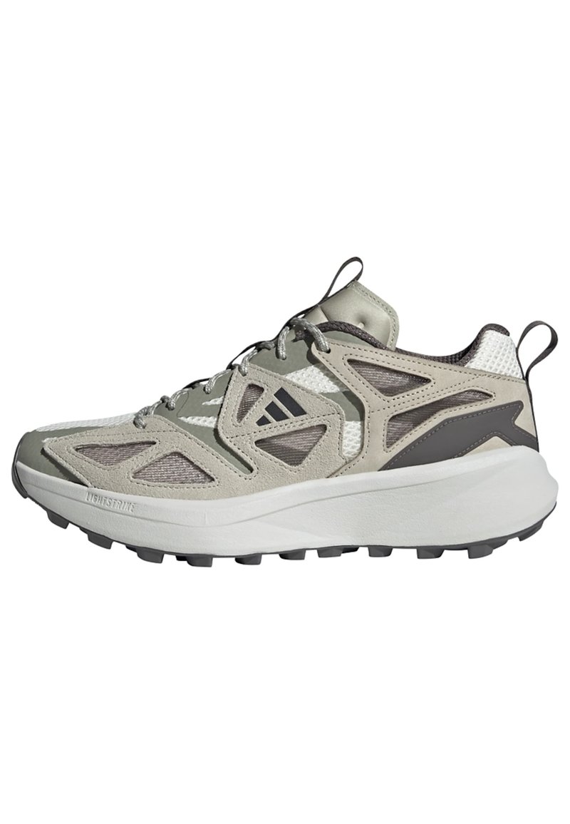 Lightweight athletic shoe in light gray and beige with a mixed material upper featuring mesh and suede, reinforced toe, and textured outsole.