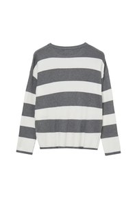 Maglione a maniche lunghe con righe orizzontali larghe grigie e bianche, collo a girocollo e orlo leggermente accorciato.