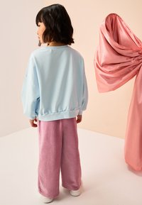 Svetlo modra široka jopa z nabranim robom v kombinaciji s svetlo roza širokimi hlačami; gladka tkanina z mehko teksturo. Pogled od zadaj.