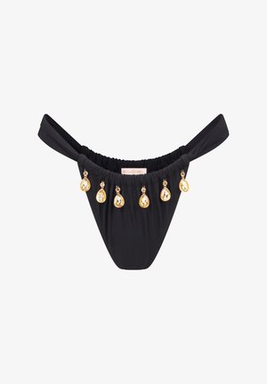 Bas de bikini noir avec des embellissements en forme de goutte d'eau dorés, un waistband élastique froncé et de fines sangles latérales. Texture lisse.