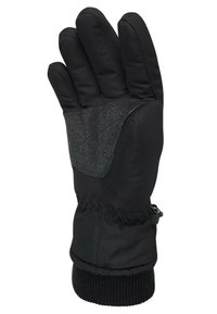 Schwarze Winterhandschuhe mit gestepptem grauem Einsatz, elastischem Handgelenkbund und verstellbarem Riemen. Hergestellt aus isolierendem Material für Wärme und Schutz.
