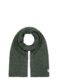 Dark green knitted scarf folded in a loop with a small rectangular beige brand tag on one end.