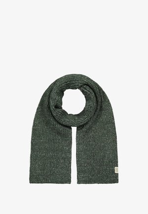 Dark green knitted scarf folded in a loop with a small rectangular beige brand tag on one end.