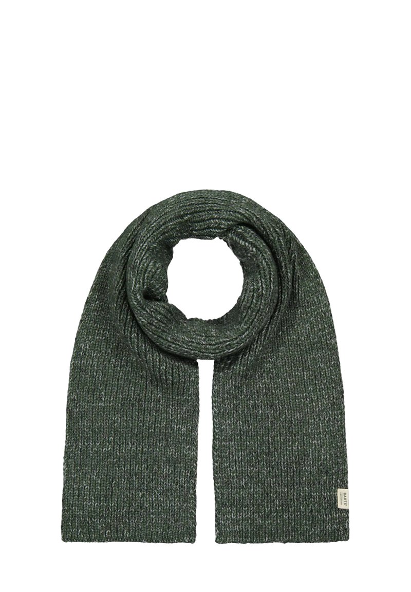 Dark green knitted scarf folded in a loop with a small rectangular beige brand tag on one end.