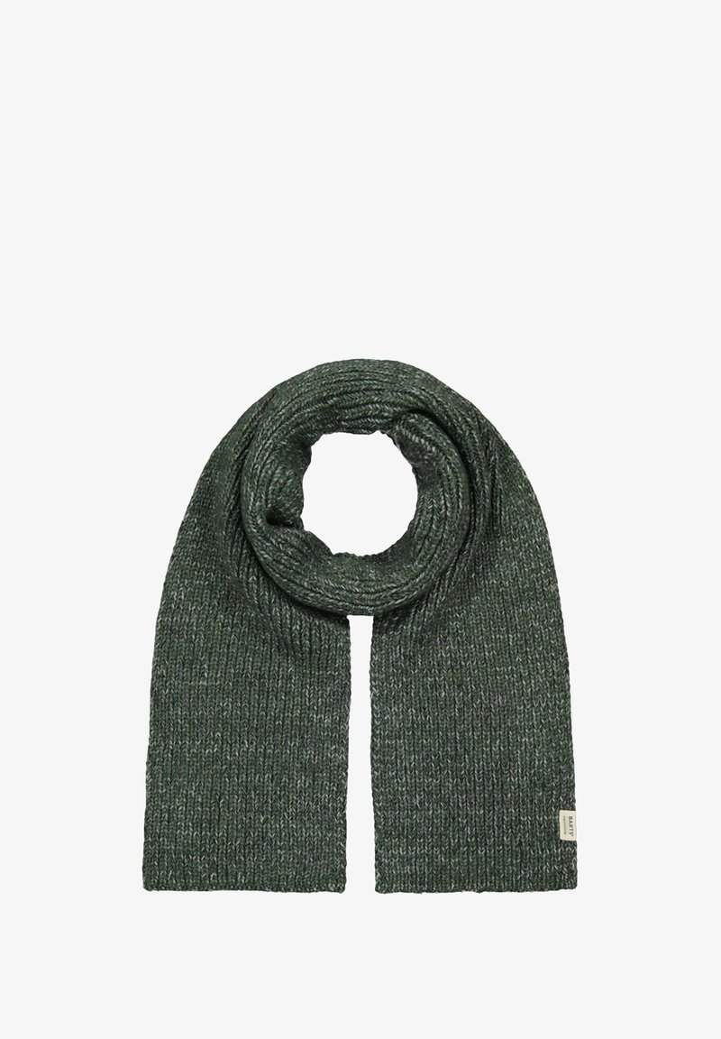 Dark green knitted scarf folded in a loop with a small rectangular beige brand tag on one end.