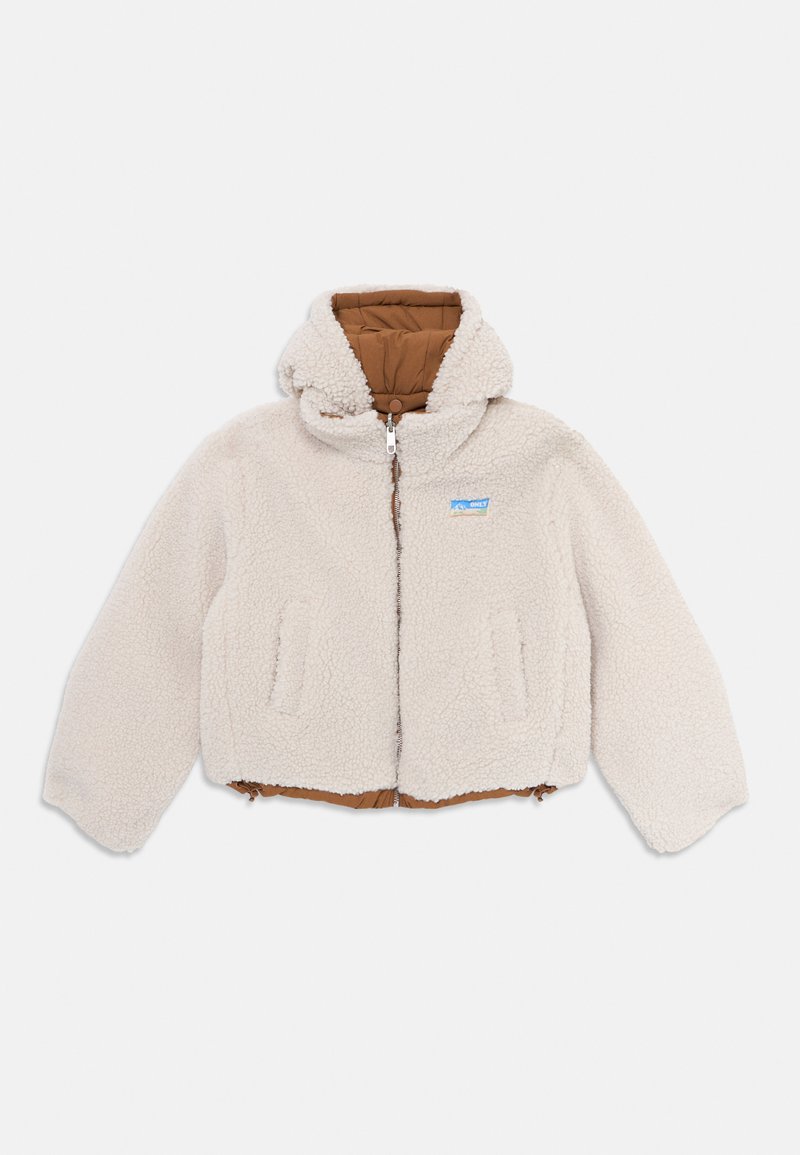 Φωτεινός λευκός ζακέτας με καφέ επένδυση, κουκούλα, δύο μπροστινές τσέπες και φερμουάρ μπροστά. Περιέχει ένα λογότυπο στην αριστερή πλευρά.