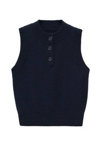 Granatowy bezrękawnik dzianinowy z wysokim okrągłym dekoltem i zapięciem na trzy guziki z przodu. Gładka faktura z dopasowaną sylwetką.