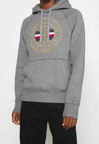 Felpa grigia con cappuccio e tasca frontale. Presenta un logo circolare ricamato con scritte dorate e strisce colorate.