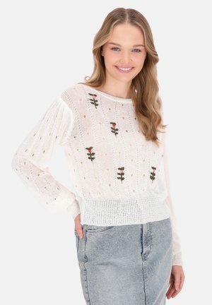 Pulover alb tricotat cu broderie florală, având o croială lejeră, mâneci lungi și un tiv ribjat; texturat cu modele perforate.