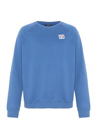 Blauer Pullover mit rundem Halsauschnitt, gerippten Bündchen und Saum. Verfügt über ein kleines Logo-Emblem auf der Brust. Weicher, strukturierter Stoff.