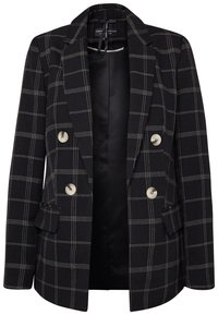 Svart kavaj med ett vitt rutmönster, dubbelt knäppningsdesign, tre knappar och en slät inre foder. Har två framfickor.