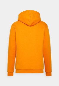 Sudadera con capucha naranja que presenta una textura suave, bolsillo canguro, puños y dobladillo acanalados, con un diseño liso en la parte posterior.
