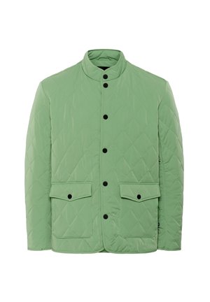 Quilted jacket in light green fabric, featuring a stand collar, black buttons, and two front pockets with flap closures.