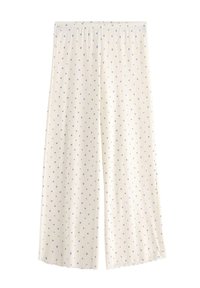 Vita pyjamasbyxor med ribbat mönster, dekorerade med små blå blommor och med vida ben. Elastisk midja upptill.