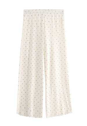 White pajama pants with a ribbed texture, featuring small blue floral patterns throughout and a wide leg design. Elastic waistband at the top.