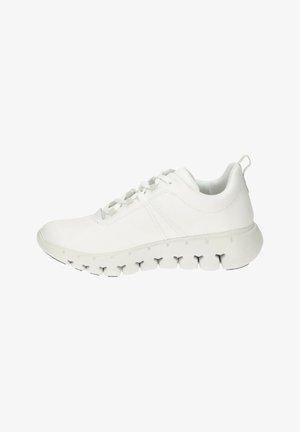 White athletic sneaker with lace-up front, cushioned collar, and chunky ventilated sole for enhanced comfort and breathability.