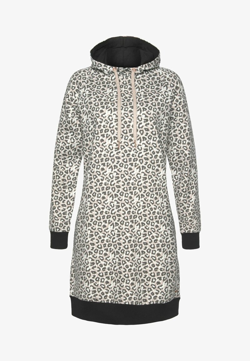 Robe à capuche imprimé léopard avec manches longues, poignets et ourlet noirs, cordons de serrage réglables et tissu doux et texturé.
