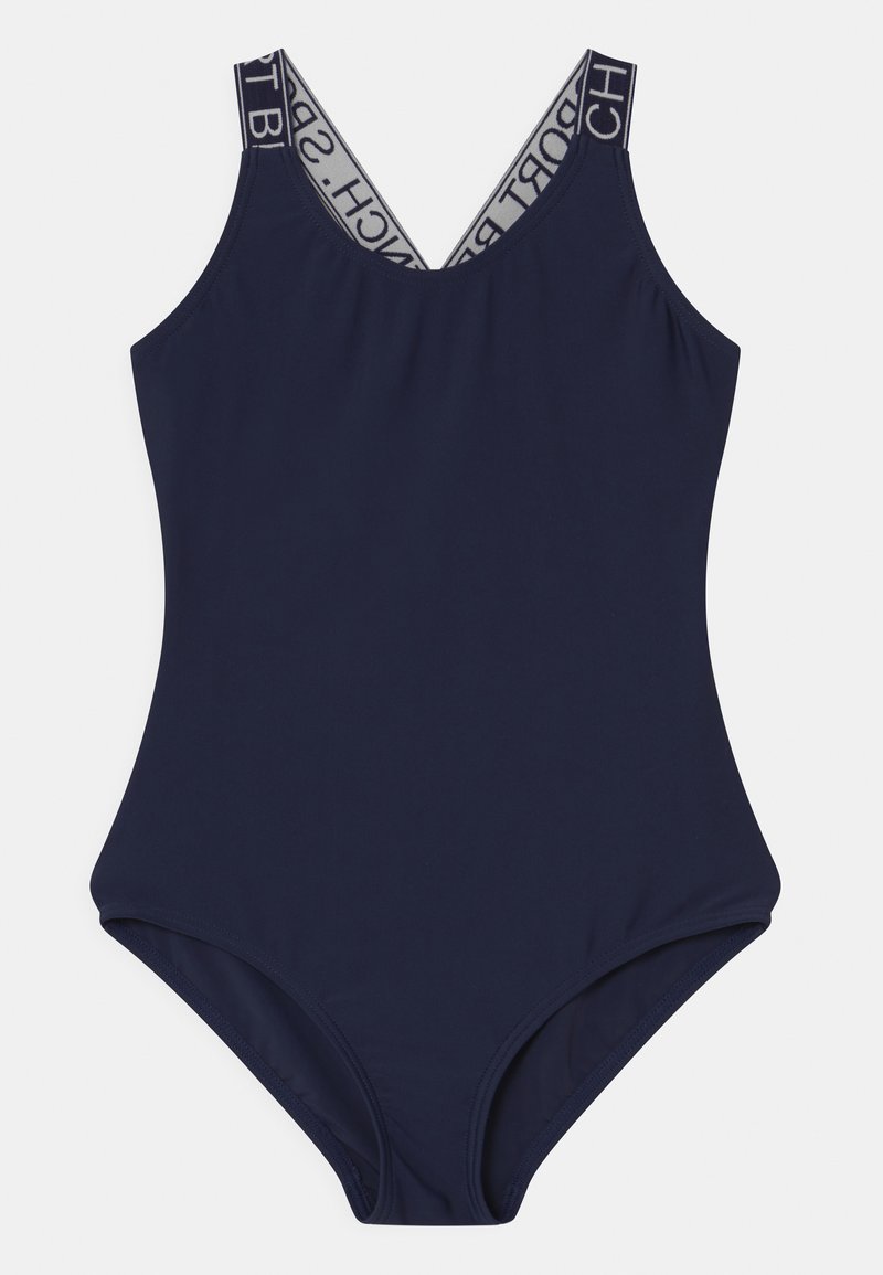 Fato de banho azul marinho com uma textura suave, apresentando um design de decote em V e alças desportivas com letras cinzas. Forma clássica de uma peça.