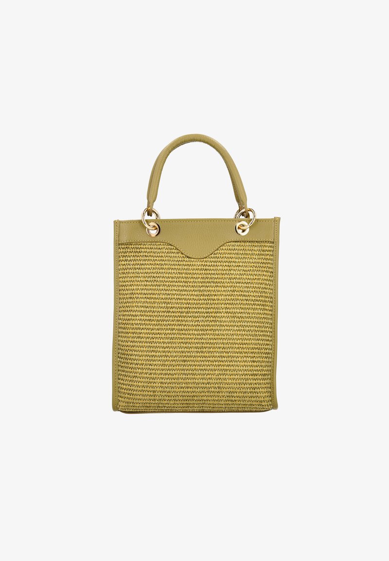 Grön vävd tote väska med läderdetaljer, gyllene hårdvara och en strukturerad rektangulär form. Texturerad yta med dubbla handtag.